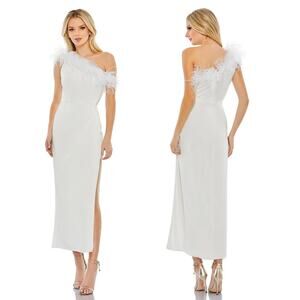 Mac Duggal White Feather Trim One Shoulder Draped Dress Size 2 NWT